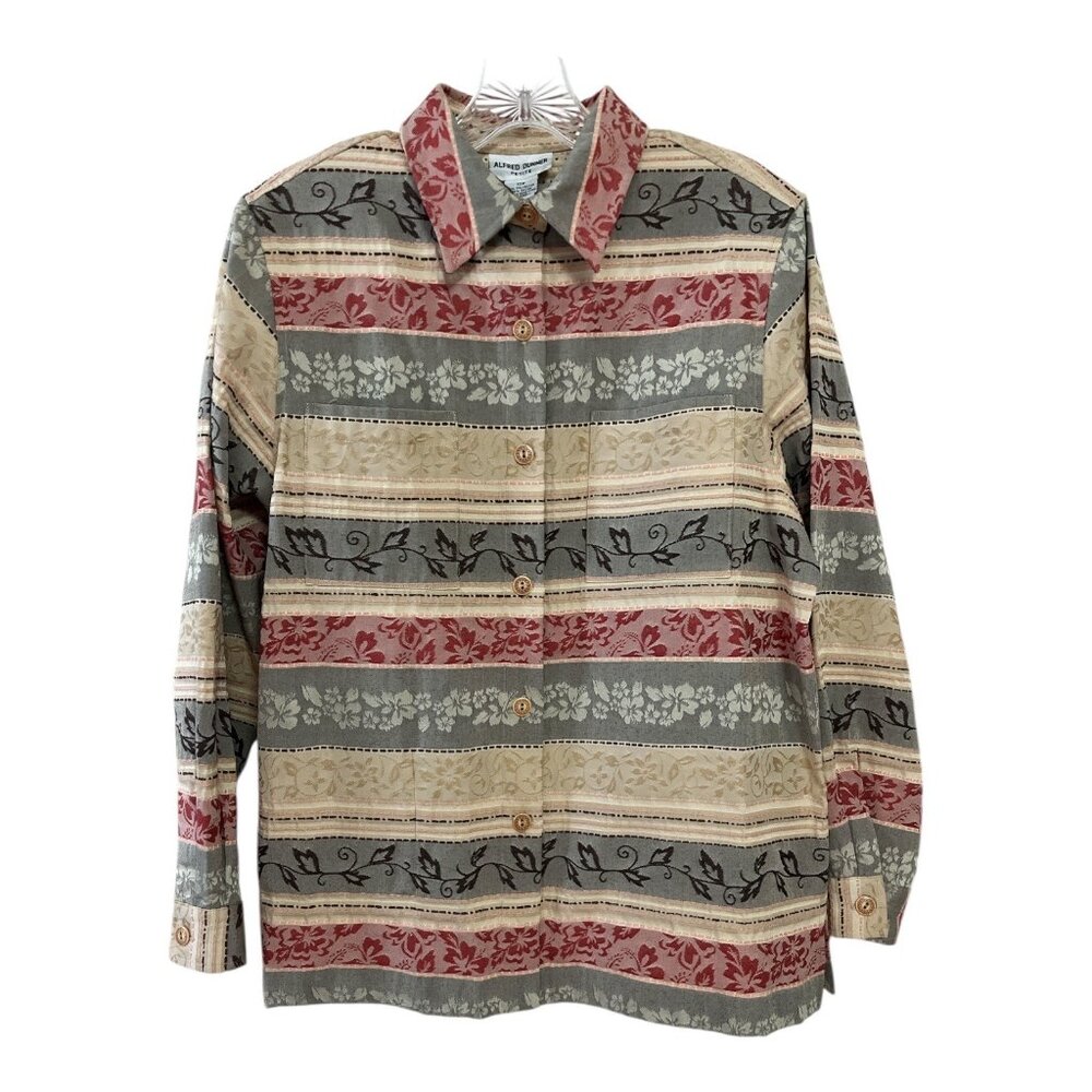 Alfred Dunner Petite 10P Button Front Long Sleeve Shirt Striped Floral Pattern V